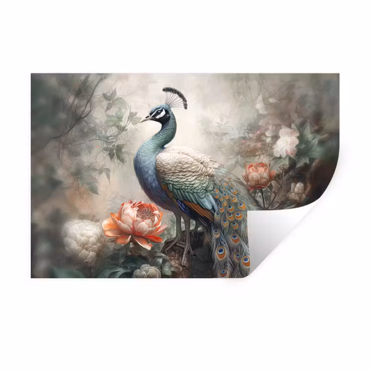 Pauw - Pauwenveren - Vogel - Jungle - Bloemen Muursticker klein -3d