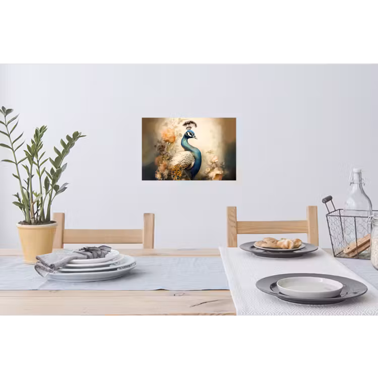 Pauw - Pauwenveren - Bloemen - Vogels - Botanisch Muursticker klein -eettafel