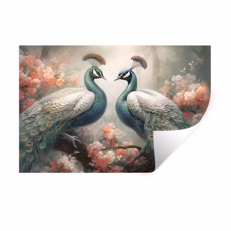 Pauwen - Pauwenveren - Vogels - Bloemen - Natuur Muursticker klein -3d