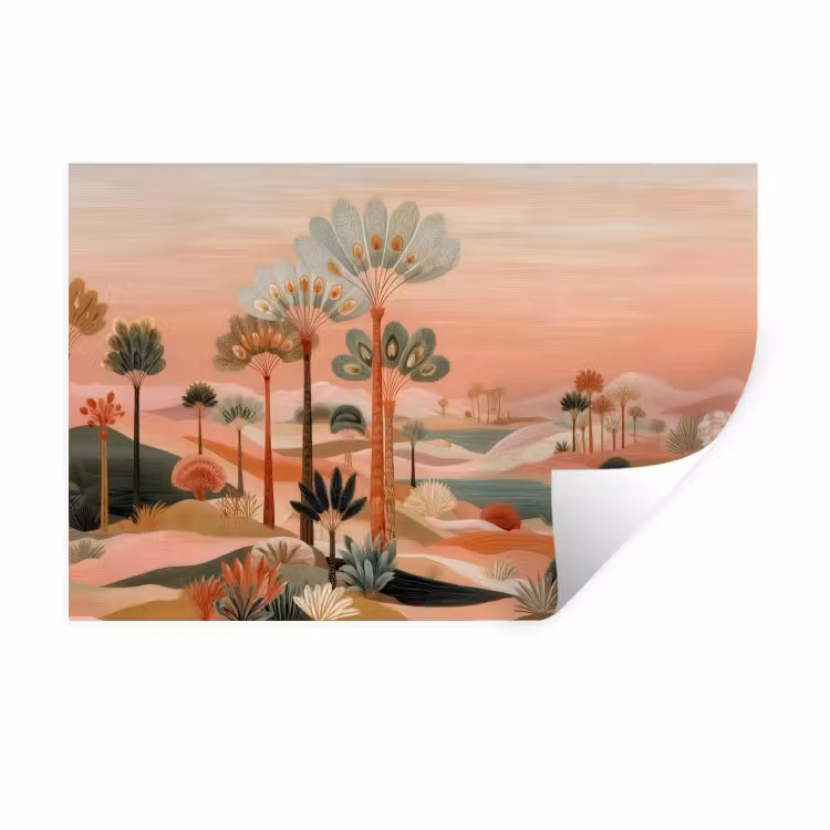Roze landschap - Palmen - Water Muursticker klein -3d
