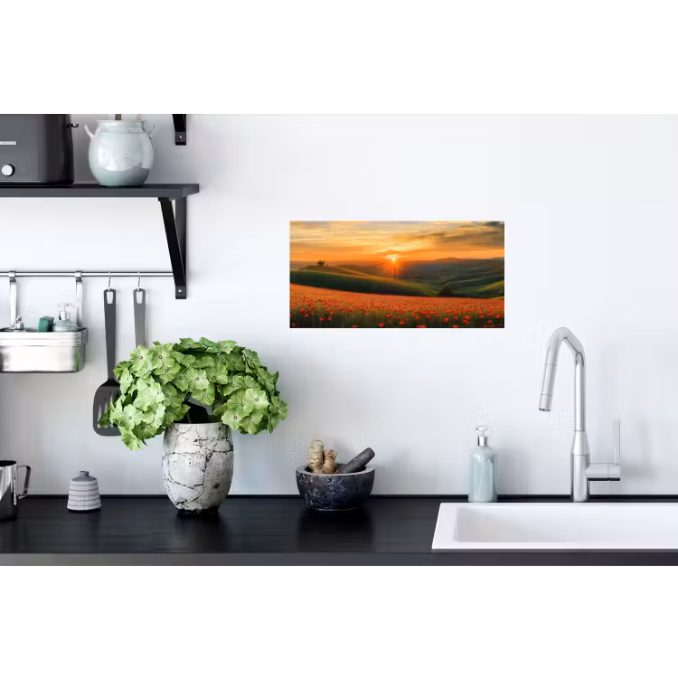 Klaprozen - Bloemen - Heuvels - Zonsondergang Muursticker klein -keuken
