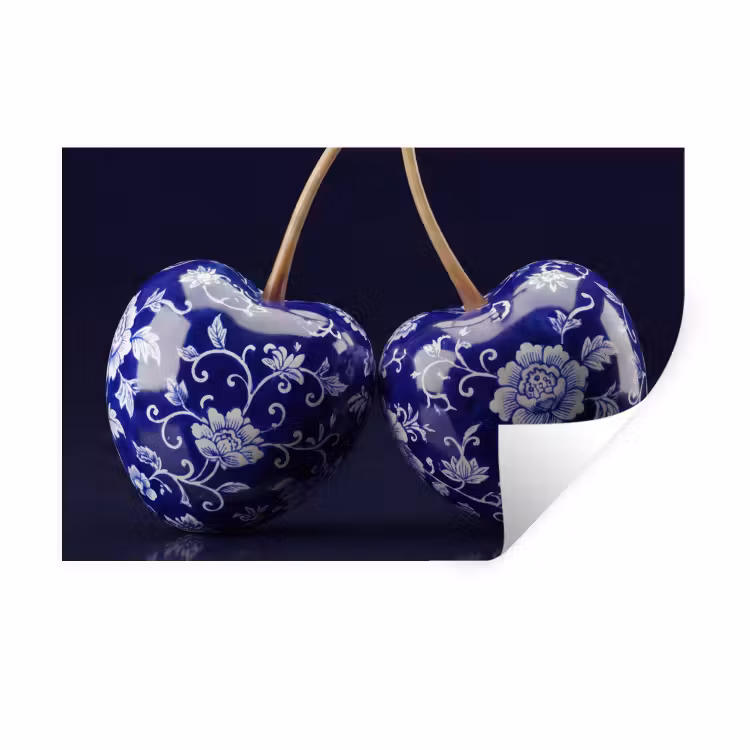 Porselein- Kersen - Delfts - Blauw Muursticker klein -3d