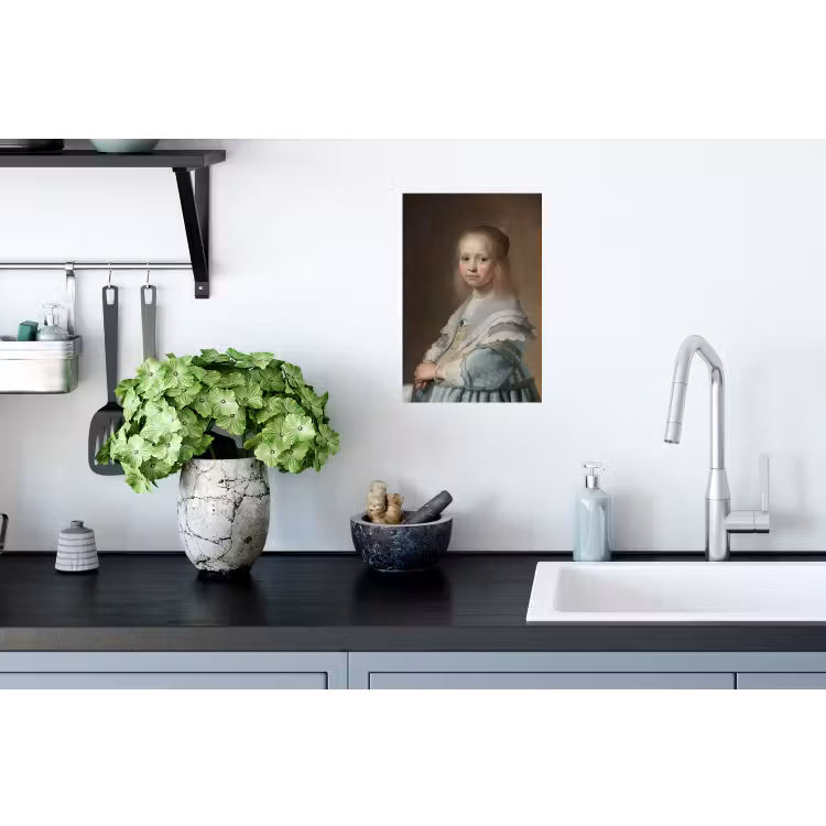 Portret van een meisje in het blauw - Schilderij van Johannes Cornelisz. Verspronck Muursticker klein -keuken