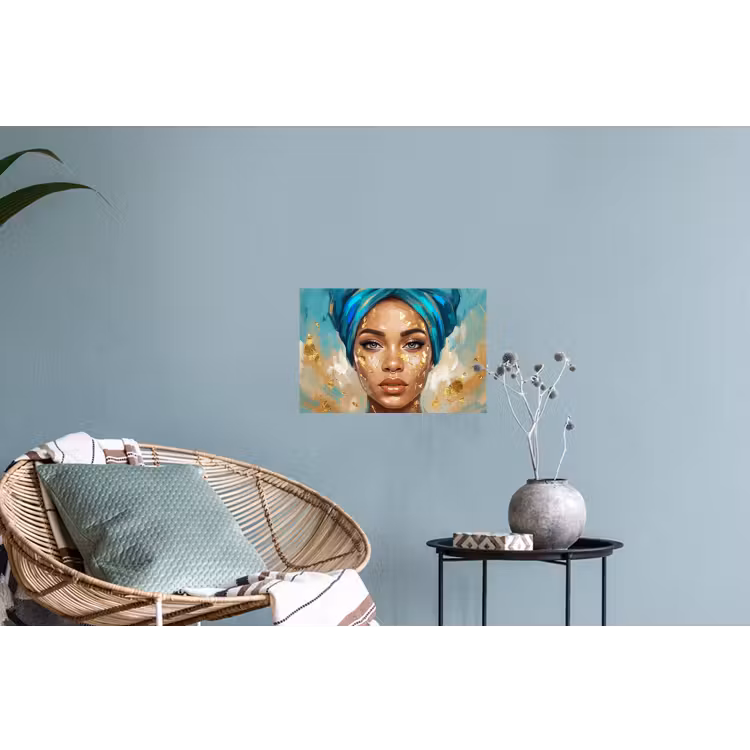 Portret - Vrouw - Schilderij - Blauw - Goud - Expressief Muursticker klein -plant