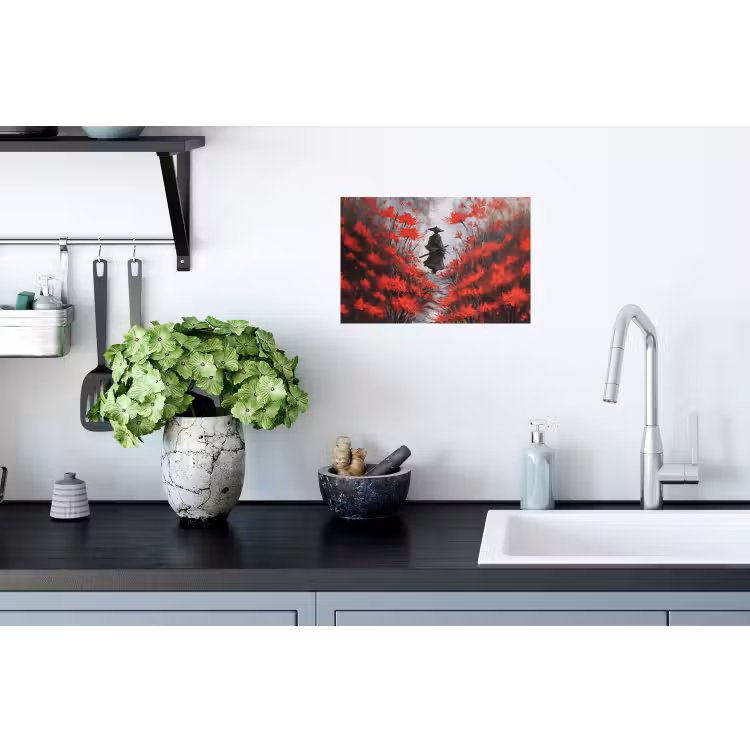 Rode bloemen - mistig - Man Muursticker klein -keuken