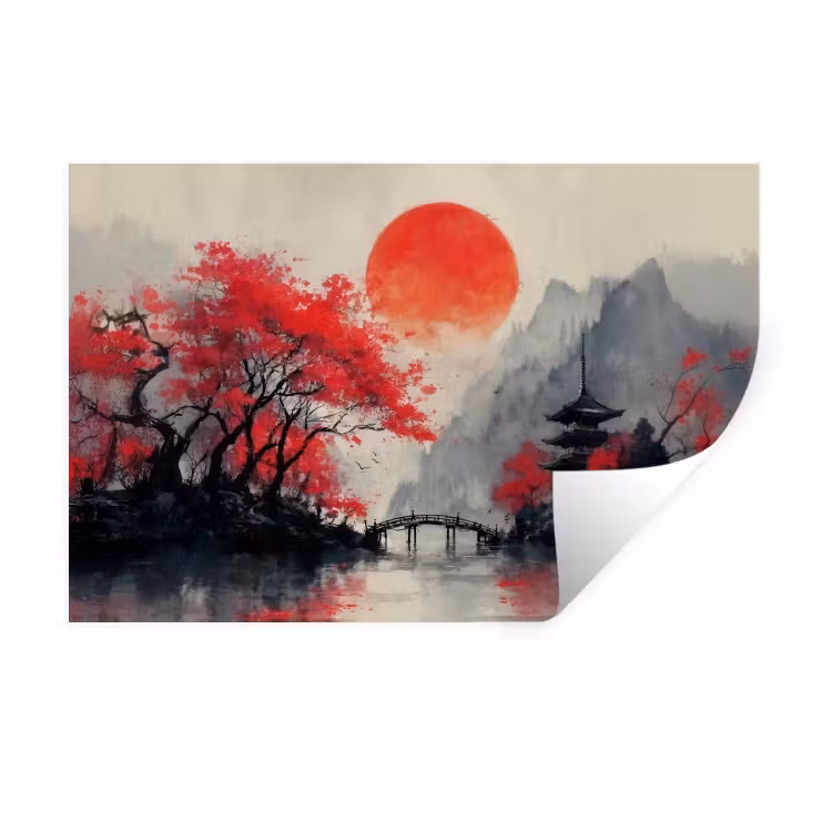 Rode zon - Rivier - brug - Bomen Muursticker klein -3d