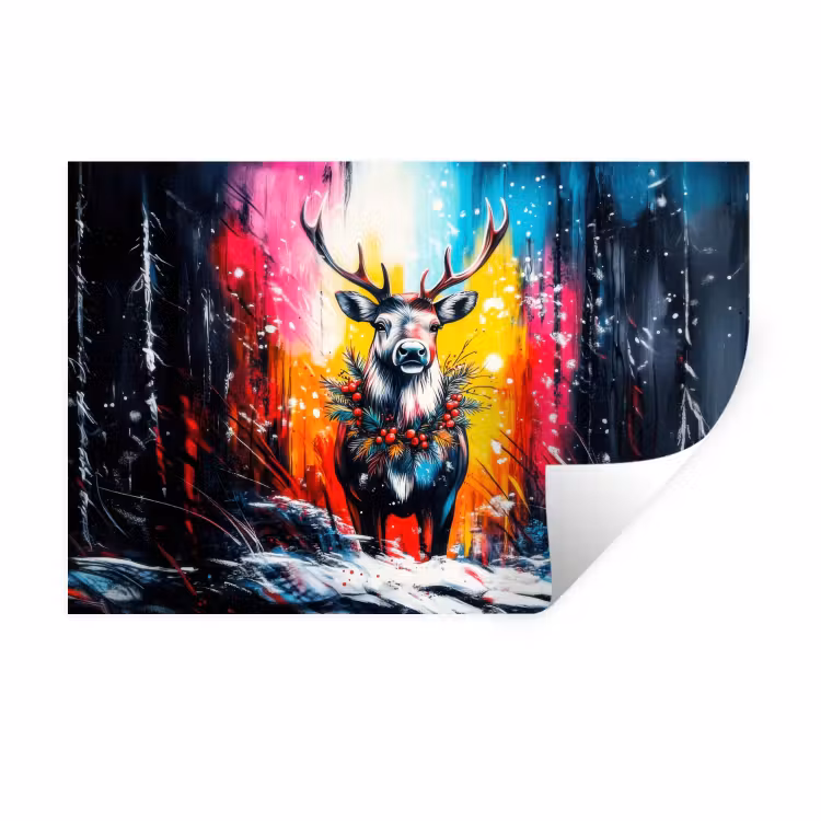Rendier - Gewei - Krans - Kleurrijk Muursticker klein -3d