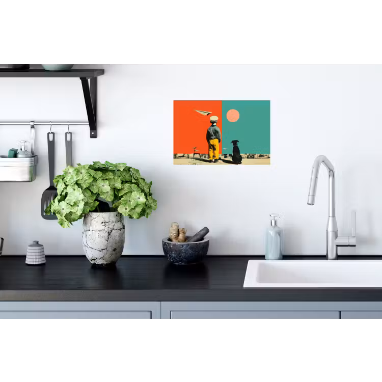 Retro - Jongen - Hond - Rood - Groen Muursticker klein -keuken
