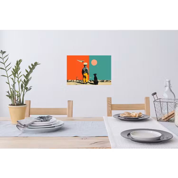 Retro - Jongen - Hond - Rood - Groen Muursticker klein -eettafel
