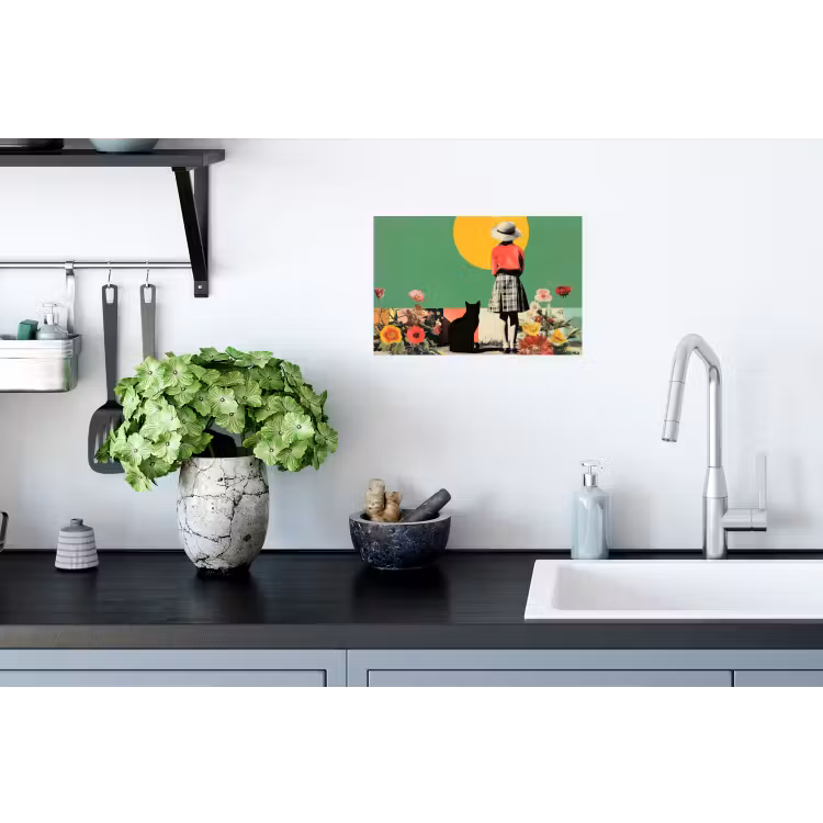Retro - Meisje - Kat - Zon Muursticker klein -keuken