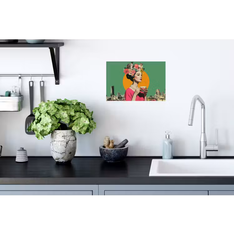 Retro - Vrouw - Stad - Zon Muursticker klein -keuken