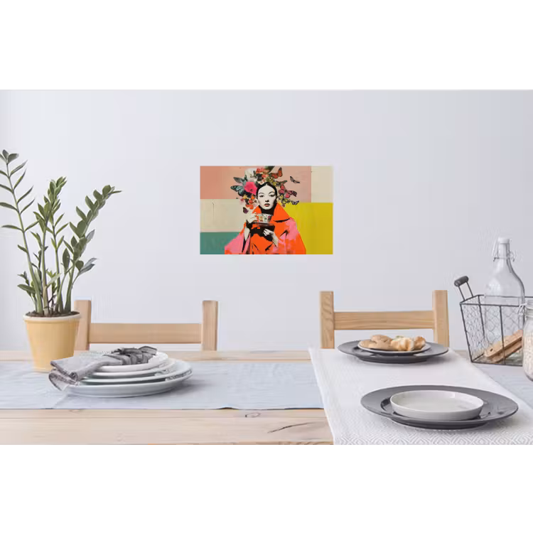 Retro - Vrouw - Kopje - Vlinders Muursticker klein -eettafel