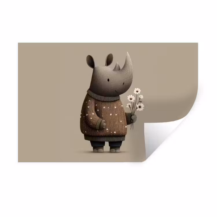 Neushoorn - Witte bloemen - Lief Muursticker klein -3d