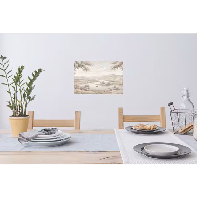 Rivierlandschap - Bergen - Natuur - Vintage - Beige Muursticker klein -eettafel