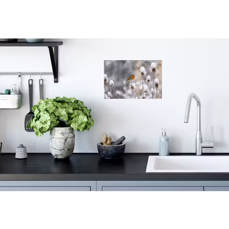 Roodborstje - Gedroogde bloem - Sneeuw - Winter - Vertederend Muursticker klein -keuken
