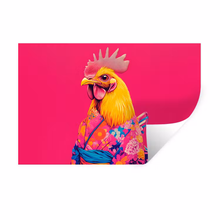 Haan - Kleurrijk - Kimono - Roze Muursticker klein -3d