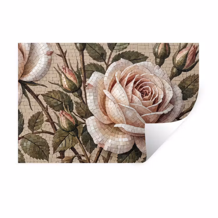 Roos - Mozaïek - Bloemen - Klassiek - Beige Muursticker klein -3d