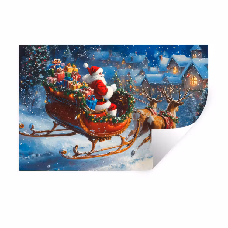Kerstman - Rendier - Kerst - Sneeuw Muursticker klein -3d