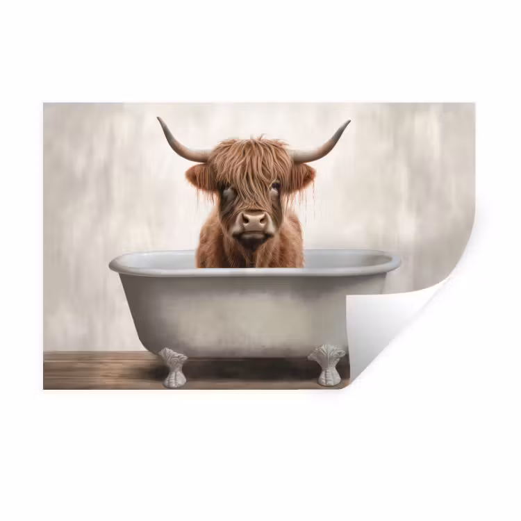 Schotse hooglander - Bad - Badkamer - Badkuip - Bruin - Horens Muursticker klein -3d