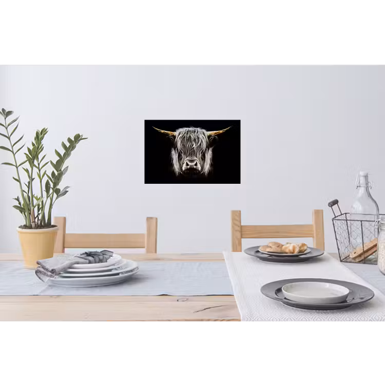 Schotse hooglander - Goud - Hoorns - Zwart wit - Koe - Dieren Muursticker klein -eettafel