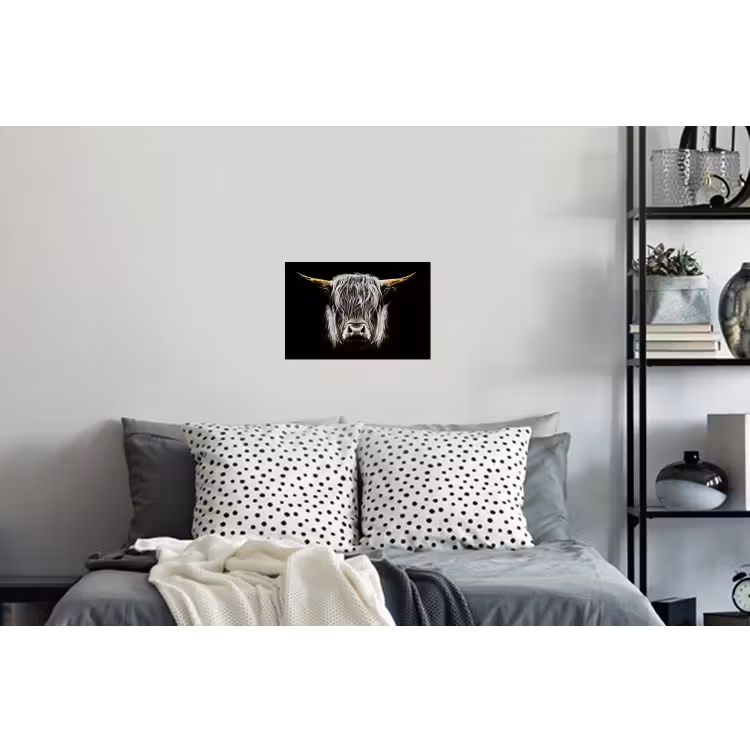 Schotse hooglander - Goud - Hoorns - Zwart wit - Koe - Dieren Muursticker klein -slaapkamer
