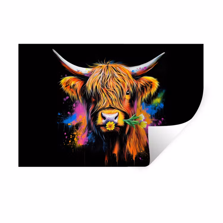 Schotse Hooglander - Graffiti - Kleurrijk - Bloem - Dieren Muursticker klein -3d