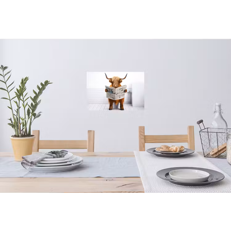 Schotse hooglander - Krant - Toilet - WC - Wit - Koe Muursticker klein -eettafel