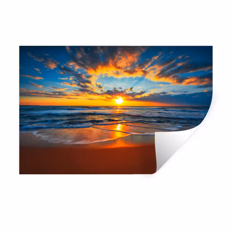 Zee - Zonsondergang - Strand - Wolken - Oranje Muursticker klein -3d