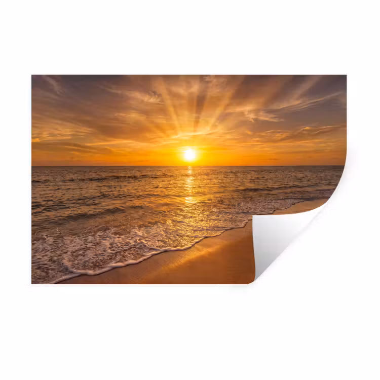 Zee - Zonsondergang - Golven - Kust - Oranje Muursticker klein -3d