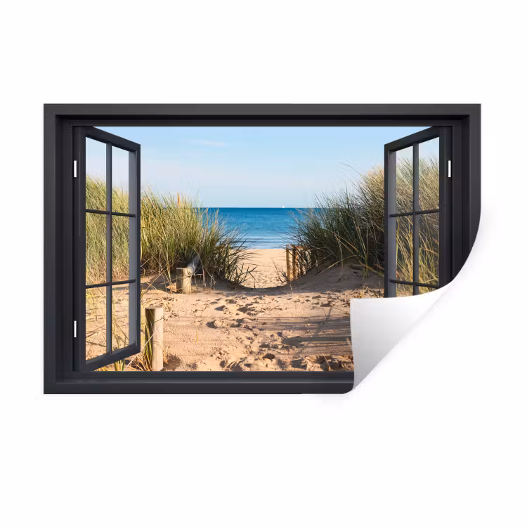 Doorkijk - Strand - Zee - Zand - Water - Helmgras - Duinen Muursticker klein -3d