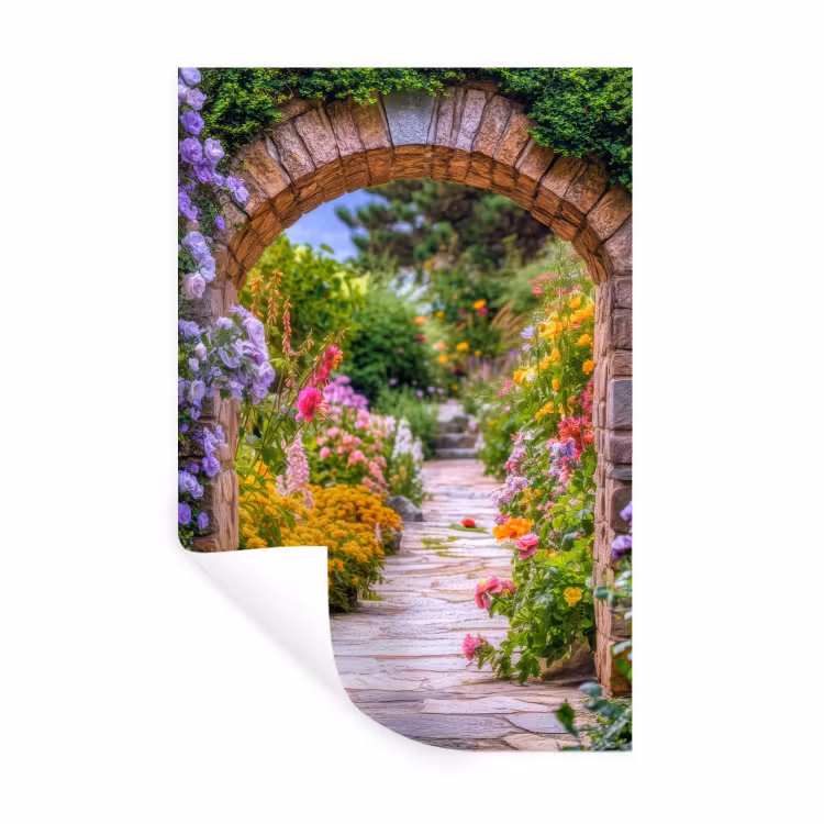 Doorkijk - Bloemen - Pad - Natuur Muursticker klein -3d