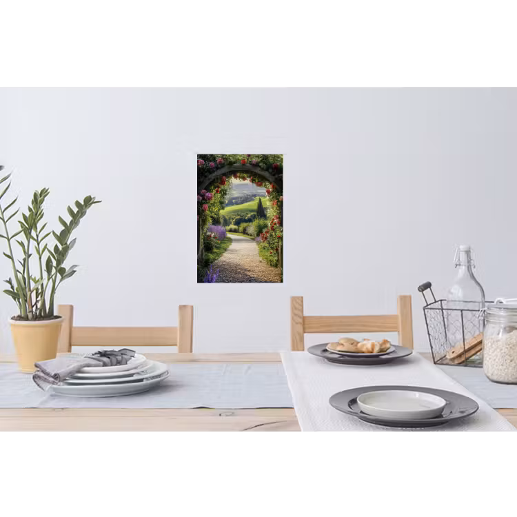 Doorkijk - Tuinboog - Bloemen - Natuur - Pad Muursticker klein -eettafel