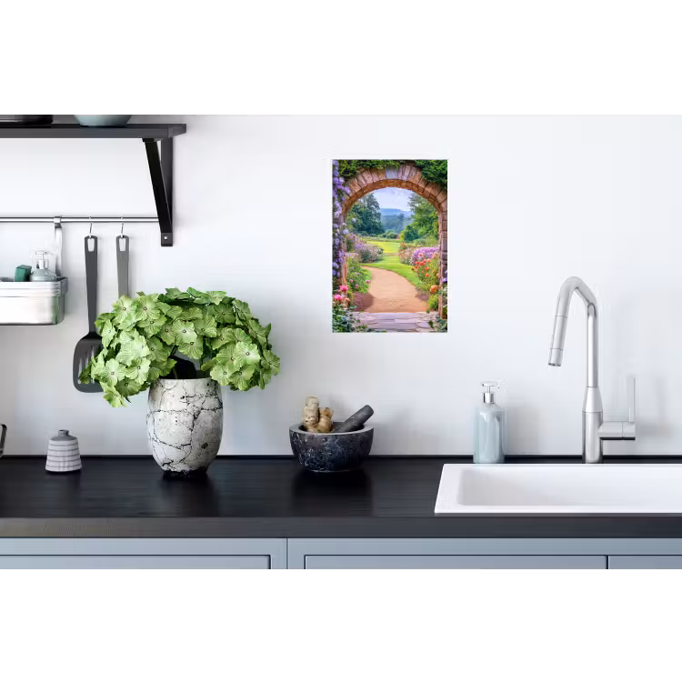 Doorkijk - Poort - Bloemen - Tuin Muursticker klein -keuken