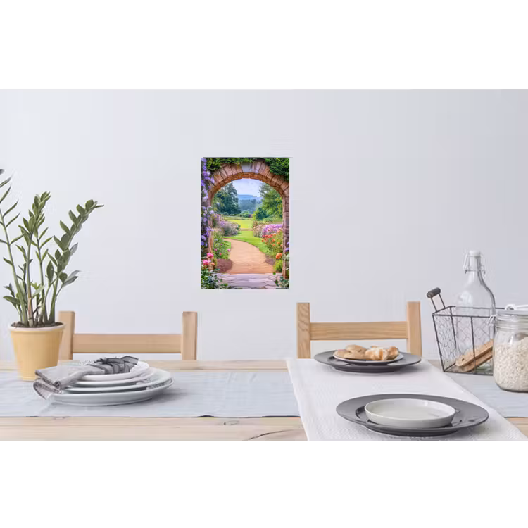 Doorkijk - Poort - Bloemen - Tuin Muursticker klein -eettafel