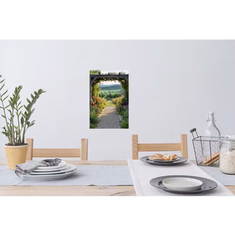 Doorkijk - Landschap - Natuur - Tuinboog - Bloemen Muursticker klein -eettafel
