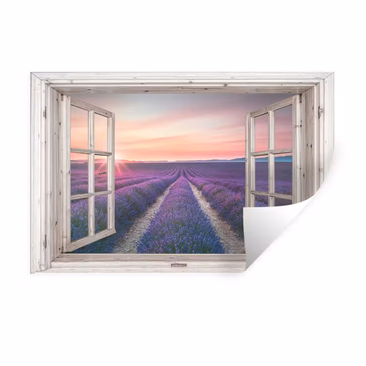 Doorkijk - Lavendel - Bloemen - Hout - Zonsondergang - Paars Muursticker klein -3d