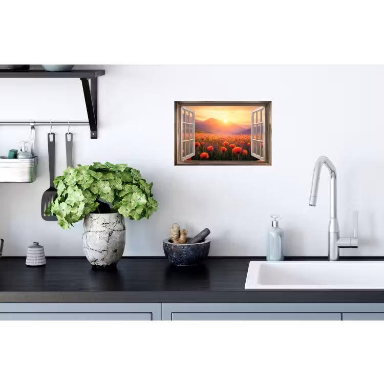 Doorkijk - Klaprozen - Bloemen - Rood - Open raam Muursticker klein -keuken