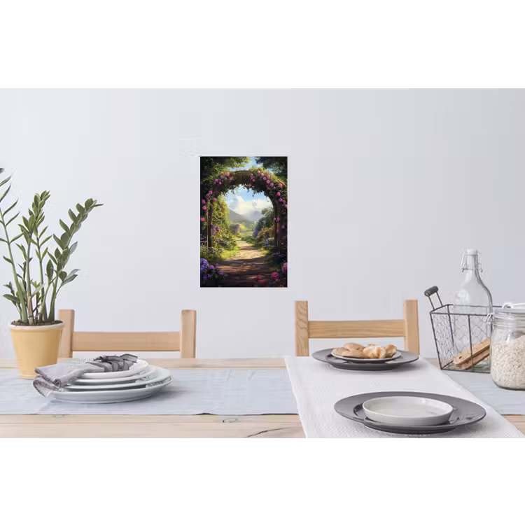 Doorkijk - Rozenboog - Uitzicht - Landschap - Bloemen Muursticker klein -eettafel