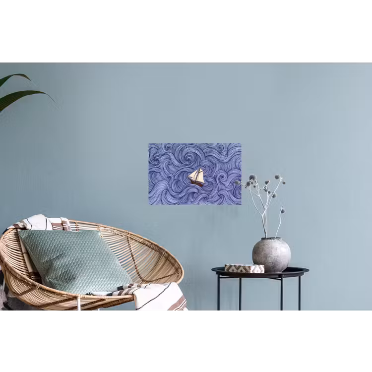 Schip - Golven - Zee - Illustratie - Blauw Muursticker klein -plant