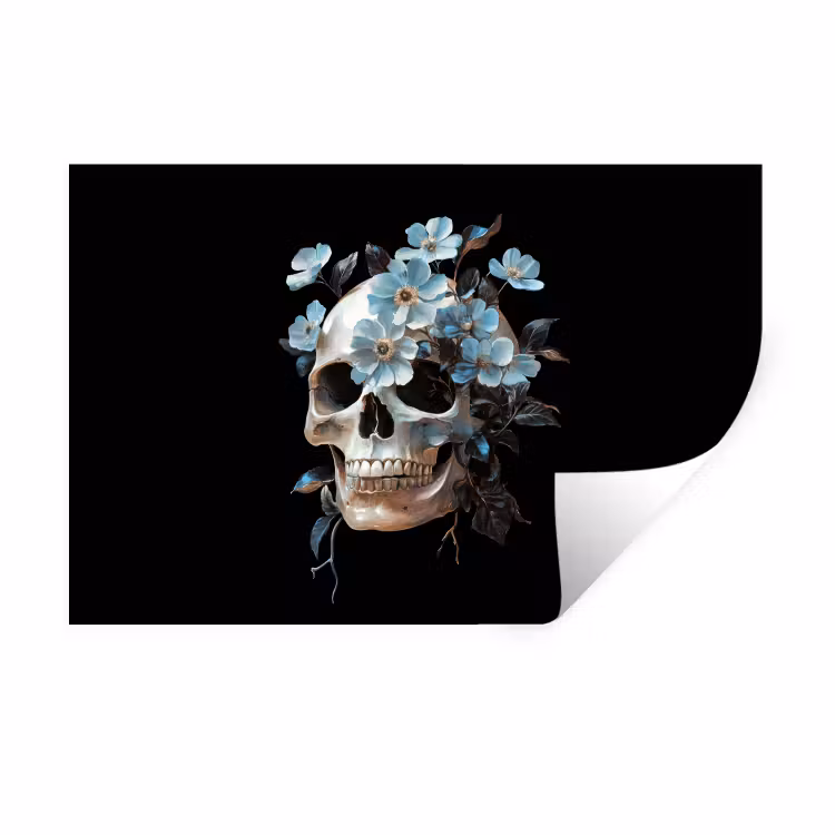 Schedel - Blauw - Bloemen - Bladeren Muursticker klein -3d