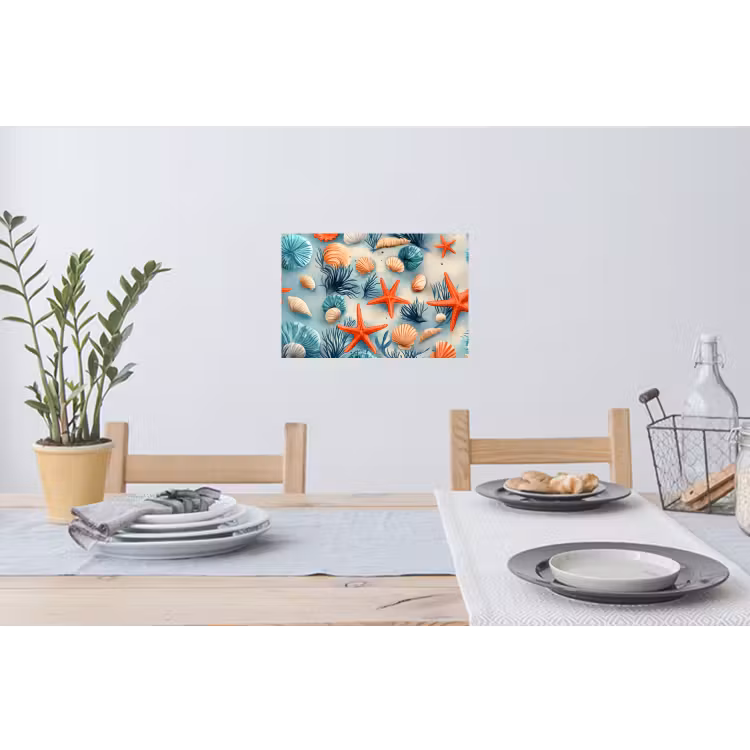 Zeesterren - Schelpen - Illustratie - Zand Muursticker klein -eettafel