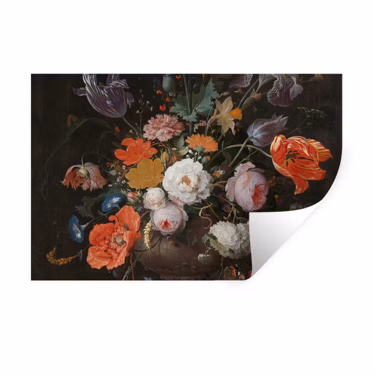 Stilleven met bloemen en een horloge - Schilderij van Abraham Mignon Muursticker klein -3d