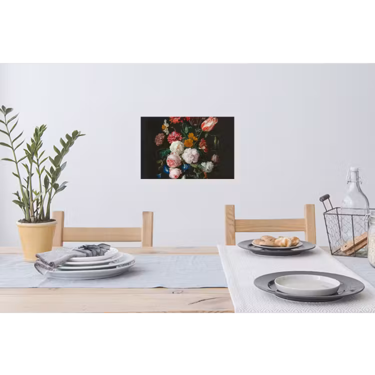 Stilleven met bloemen in een glazen vaas - Schilderij van Jan Davidsz. de Heem Muursticker klein -eettafel