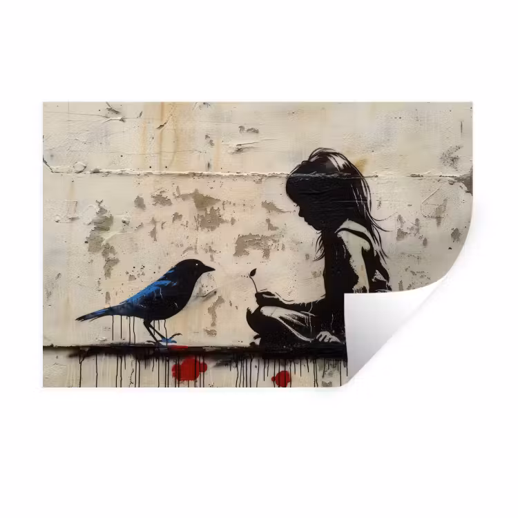 Street art - Meisje - Vogel - Graffiti - Banksy Muursticker klein -3d