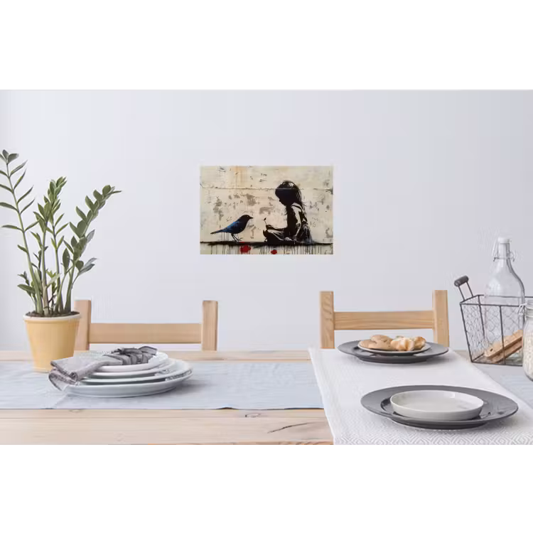 Street art - Meisje - Vogel - Graffiti - Banksy Muursticker klein -eettafel