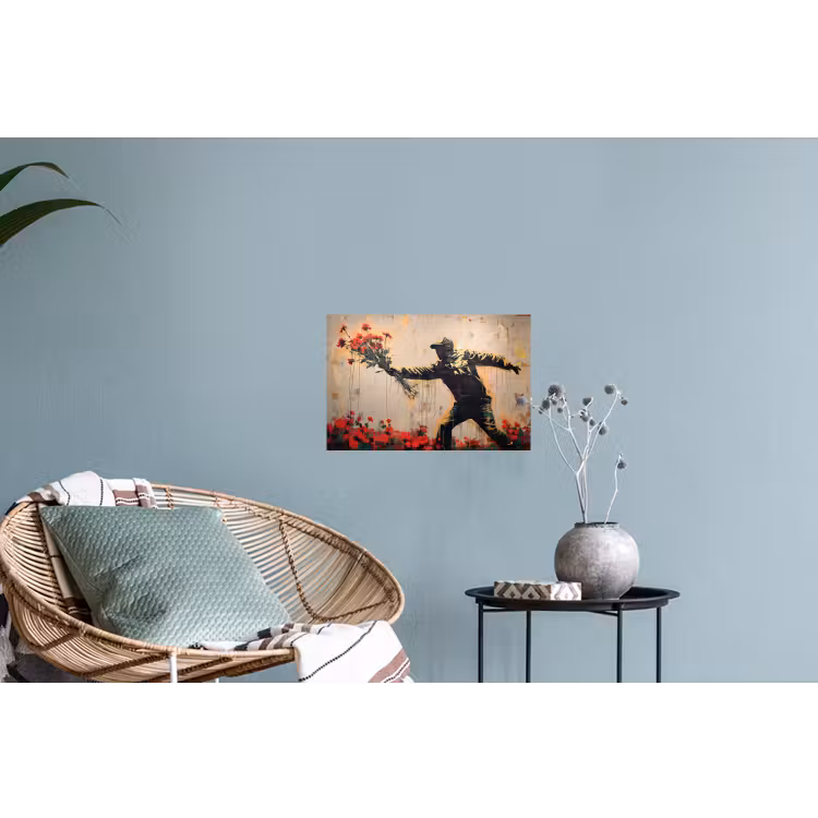 Street art - Man - Bloemen - Rood - Graffiti - Banksy Muursticker klein -plant