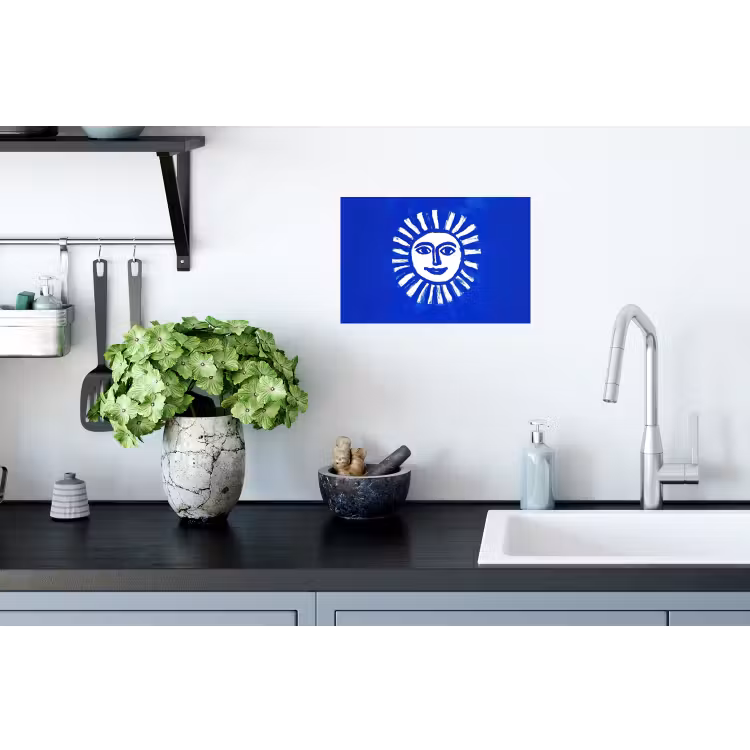 Zon - Gezicht - Penseelstructuur - Blauw Muursticker klein -keuken