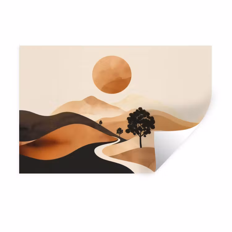 Zon - Heuvels - Boom - Abstract Muursticker klein -3d