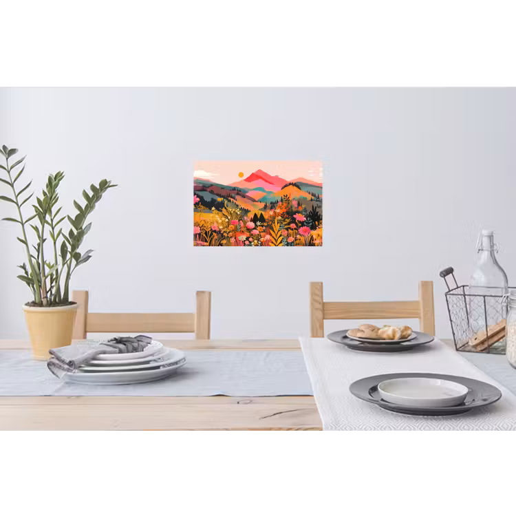 Zonsondergang - Bergvallei - Contrast Muursticker klein -eettafel