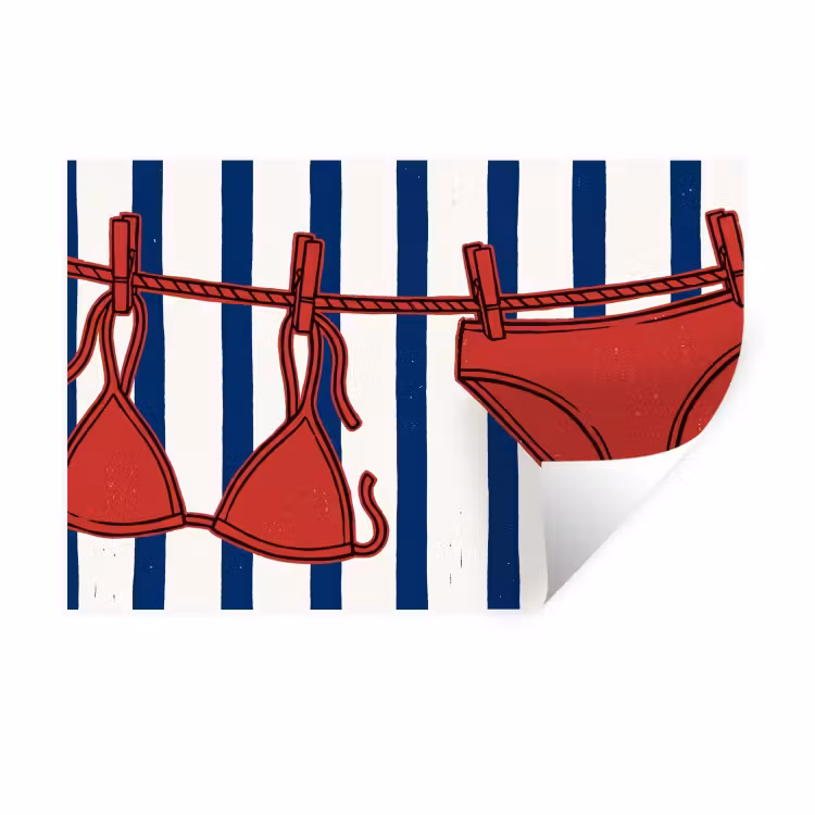 Badkleding - Waslijn - Zomer - Illustratie - Rood Muursticker klein -3d